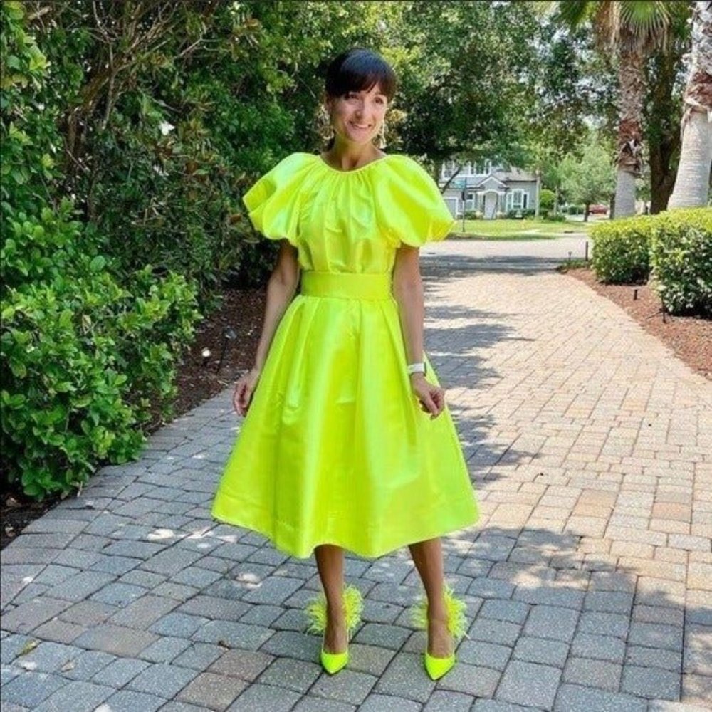 Christopher Rogers Woman Yellow Midi Dress XXS Volume Iridescent Puff Sleeve New - Picture 3 of 17